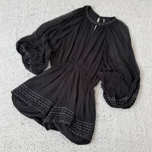 Black Women's Long Sleeve Romper with Embroidered Detail